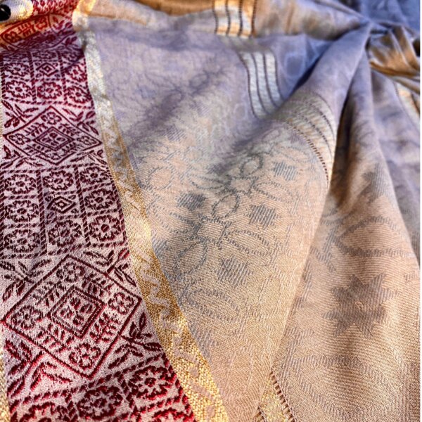 Warm Winter Beige And Red Pashmina Shawl/Chaddar By Humaiza Fabric